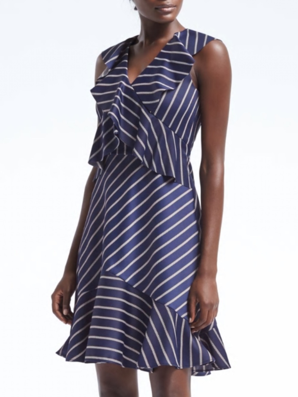 Banana Republic Navy and White Striped Ruffle V-Neck Mini Dress
